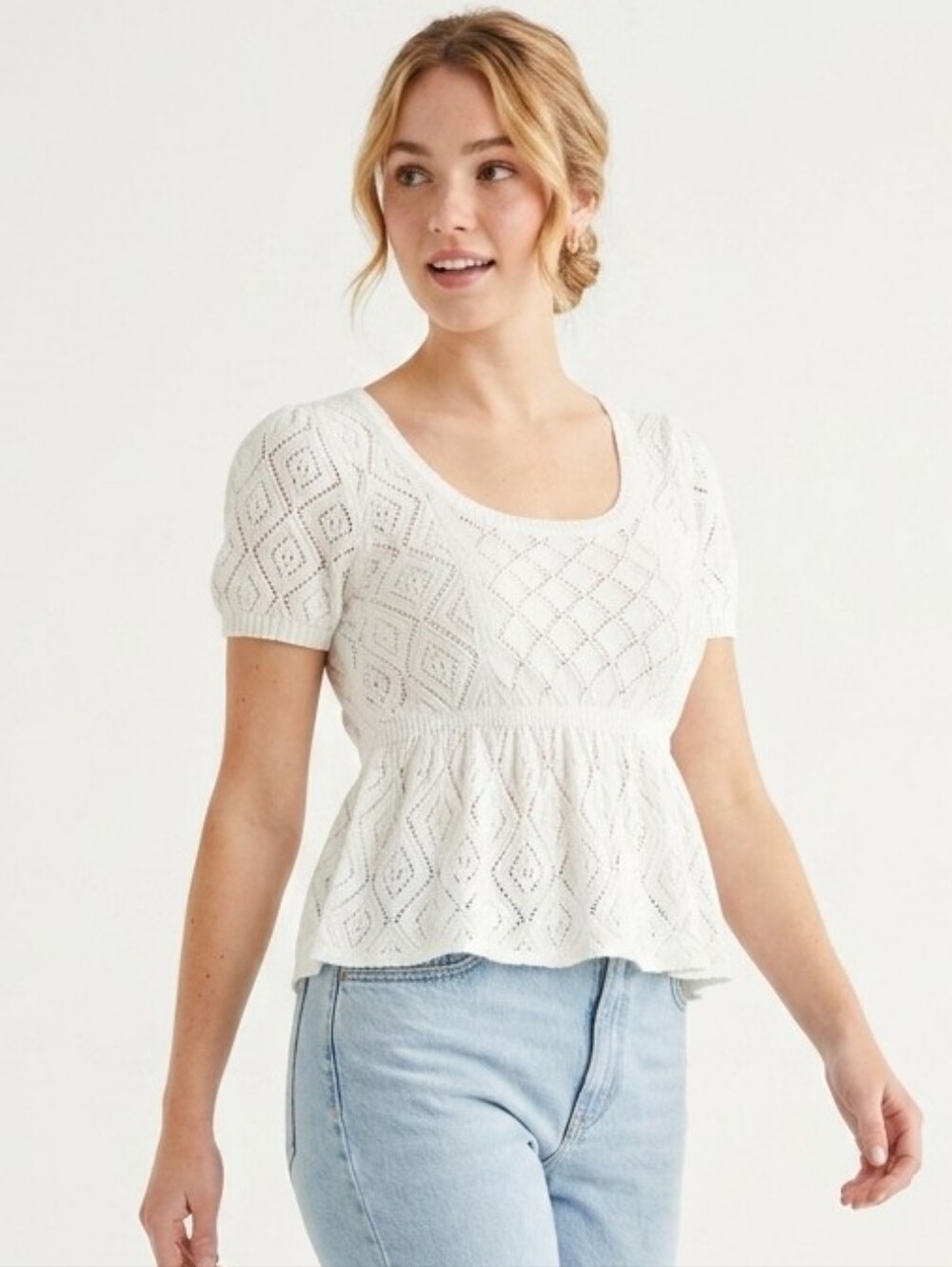 Open-Knit Scoop Neck Peplum Blouse in White